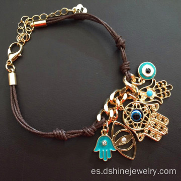 Pulsera del ojo malvado cadena cuero nudos con colgante Hamsa